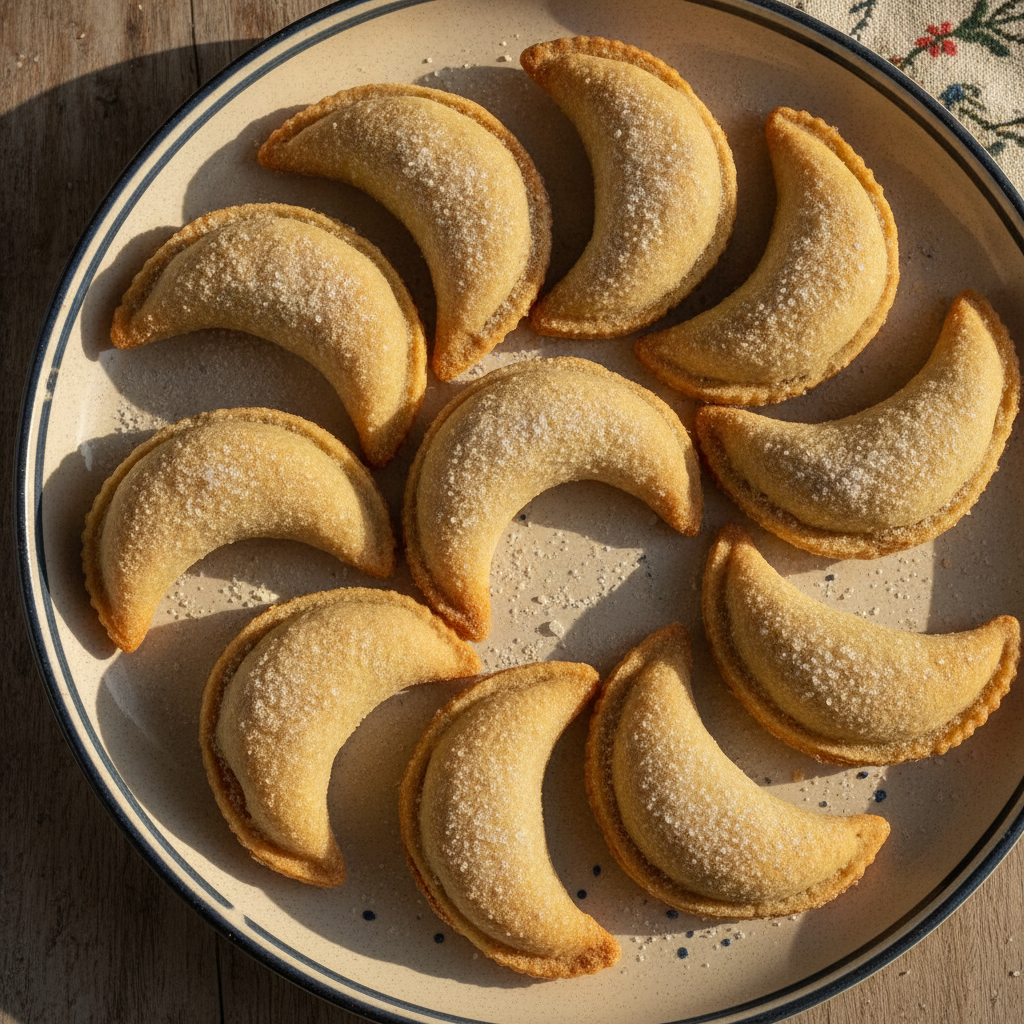 Crescent-shaped Kaab el Ghazal gazelle horn cookies dusted with powdered sugar