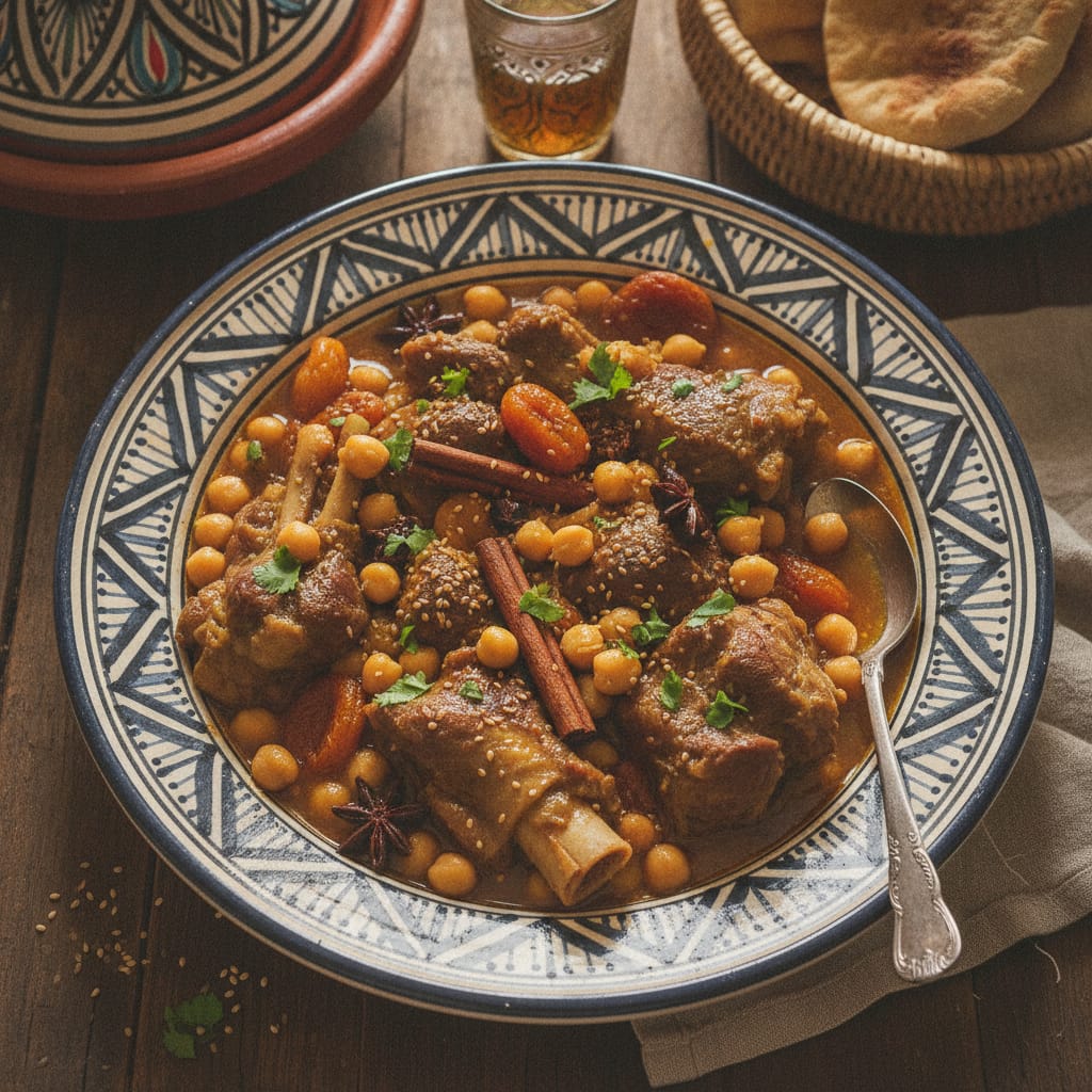 A bowl of Moroccan kar3in trotters stew with rich broth and chickpeas, garnished with fresh herbs