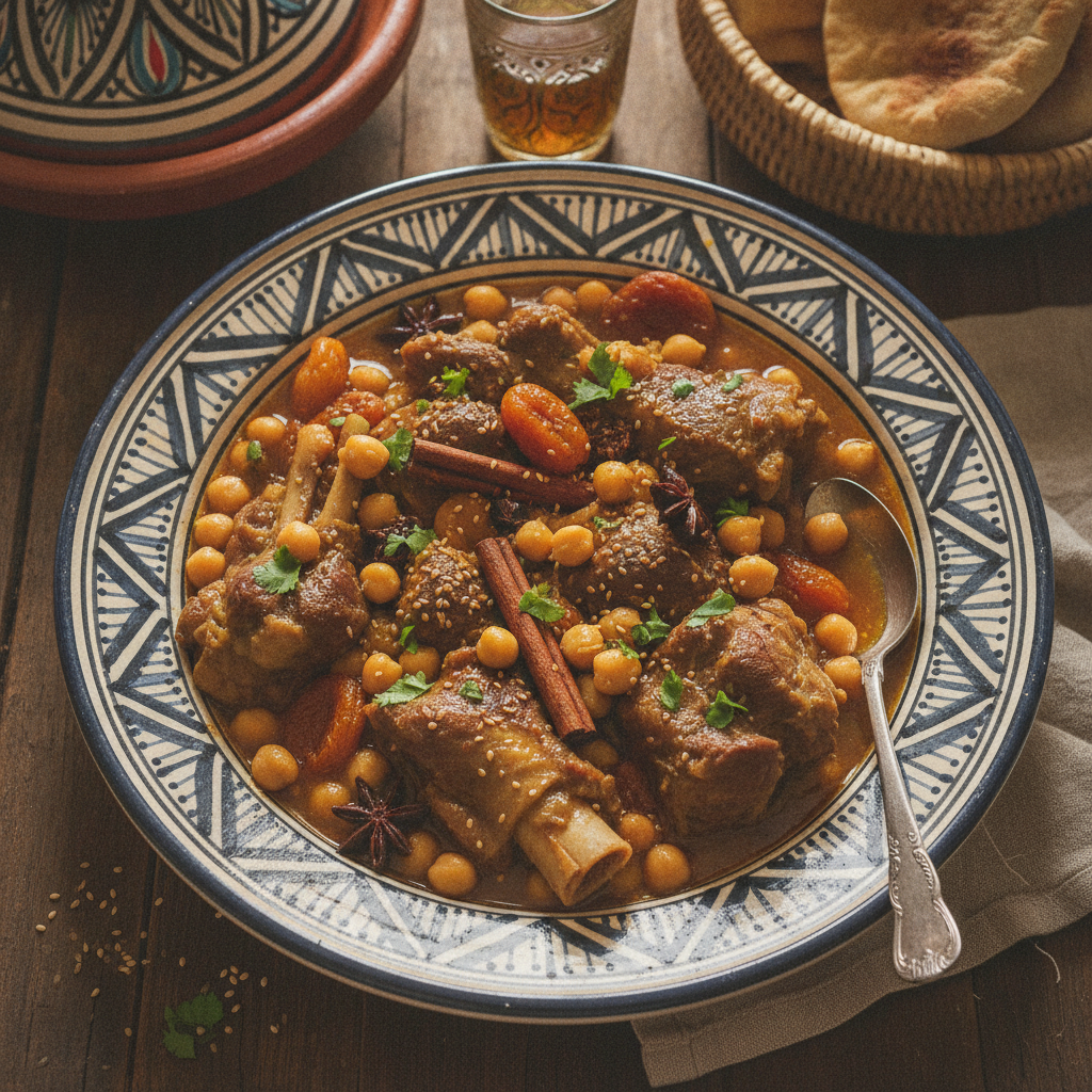 A bowl of Moroccan kar3in trotters stew with rich broth and chickpeas, garnished with fresh herbs