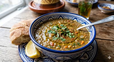 A hearty bowl of Moroccan stewed lentils topped with fresh herbs