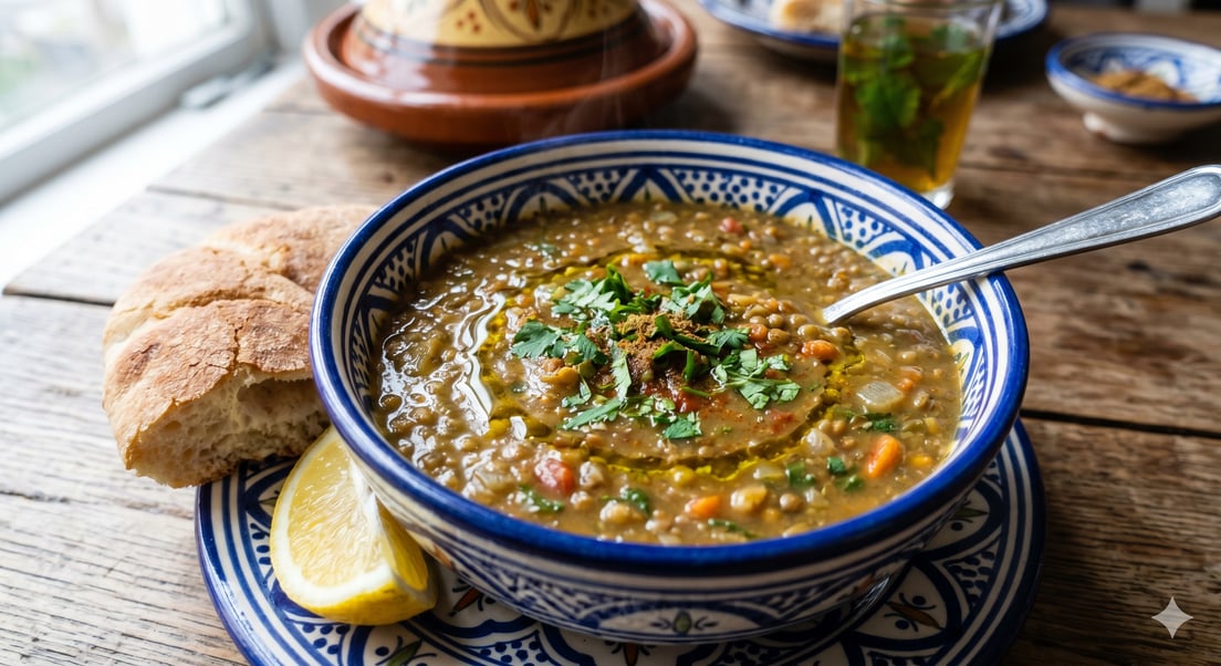 A hearty bowl of Moroccan stewed lentils topped with fresh herbs