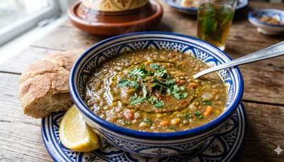 A hearty bowl of Moroccan stewed lentils topped with fresh herbs