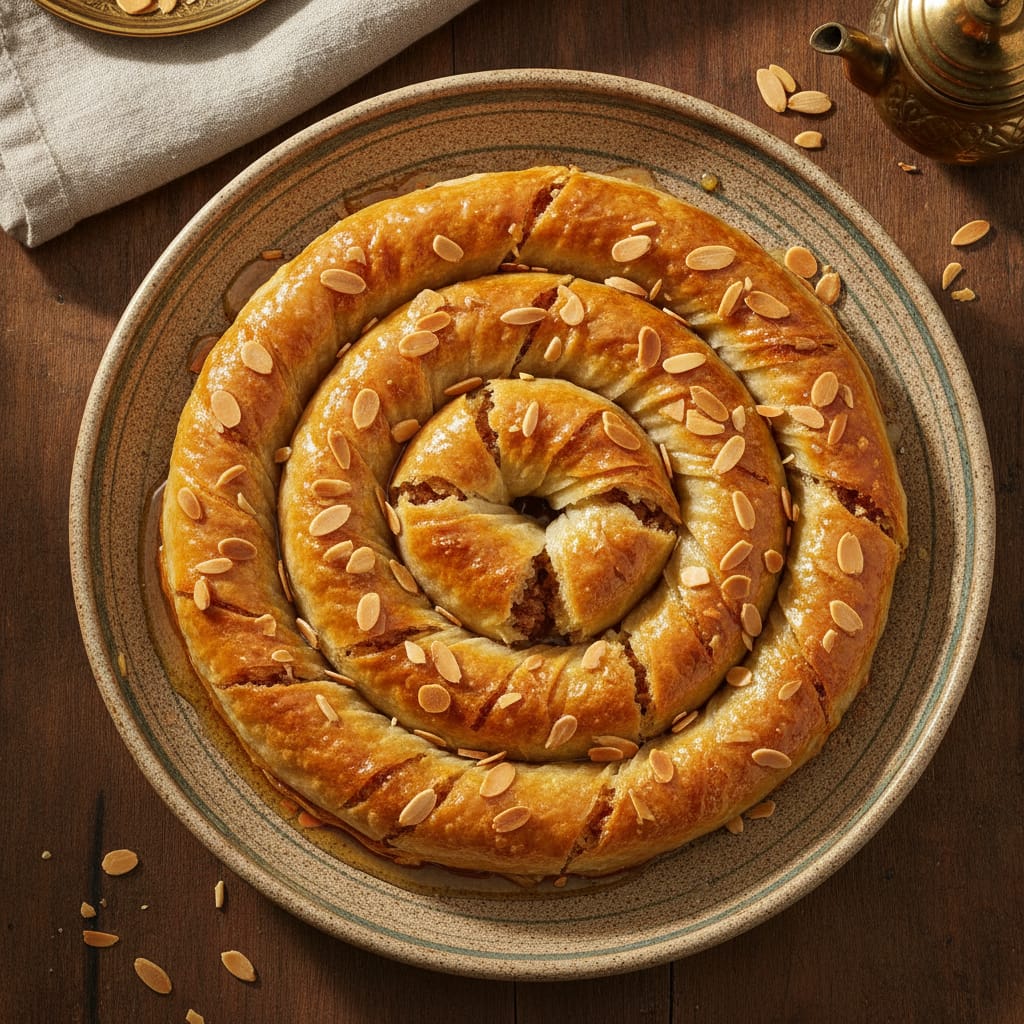 A golden coiled M'hanncha snake pastry drizzled with honey and topped with toasted almonds