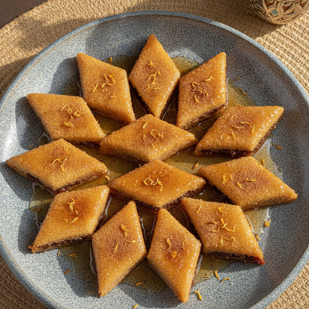 Diamond-shaped Moroccan makrout pastries filled with dates and glazed with honey