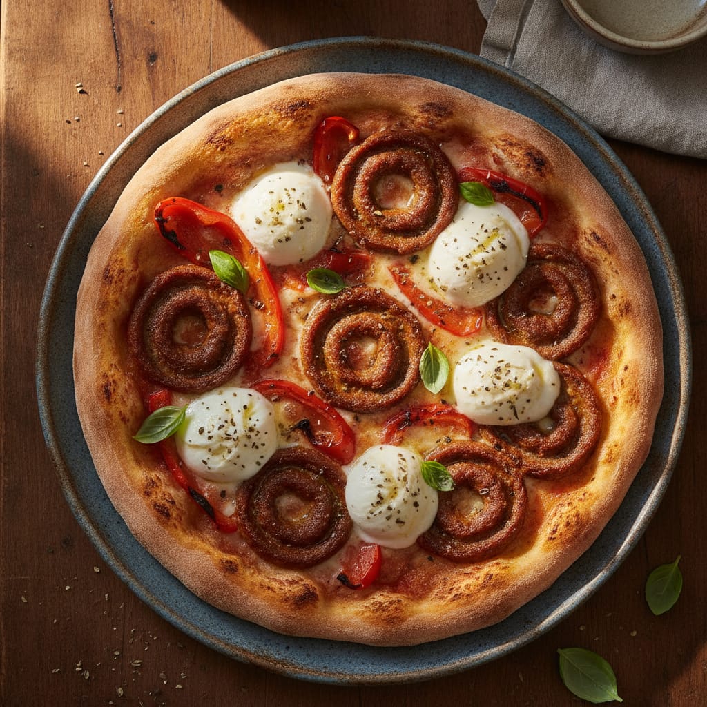 Merguez, Red Pepper & Burrata Pizza — Moroccan Plate recipe photo