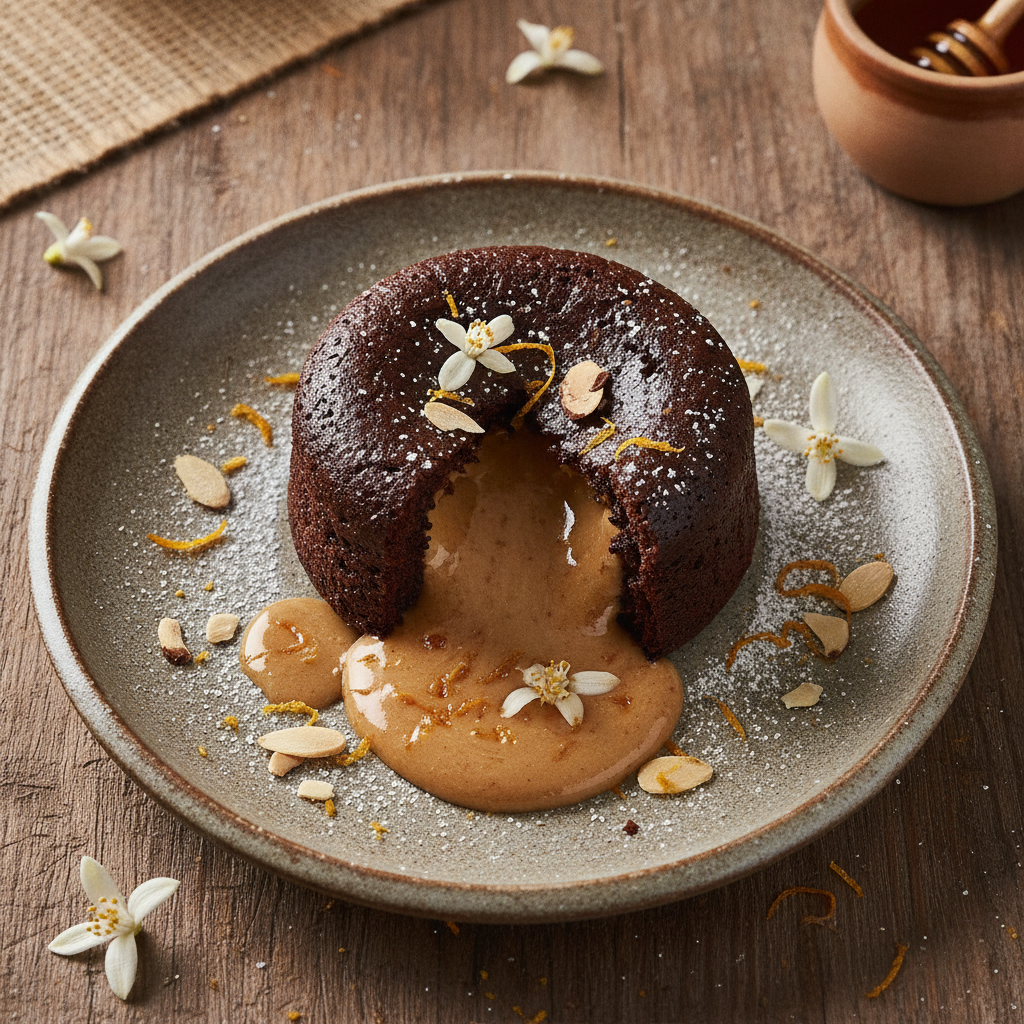 Molten Chocolate Cake with Almond Butter & Orange Blossom Filling — Moroccan Plate recipe photo