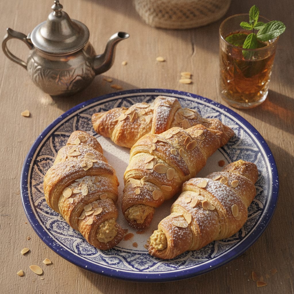Golden Moroccan almond croissants dusted with powdered sugar on a plate