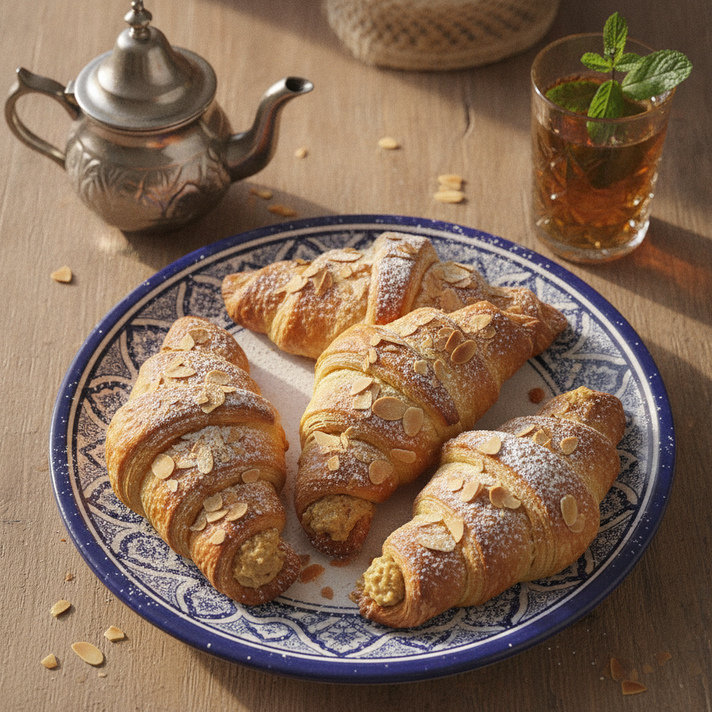 Golden Moroccan almond croissants dusted with powdered sugar on a plate