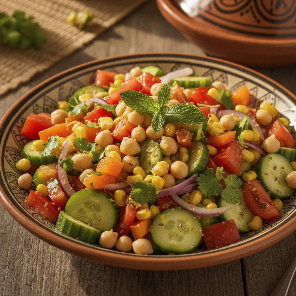 A colorful Moroccan medley salad bowl with chickpeas, vegetables and fresh herbs