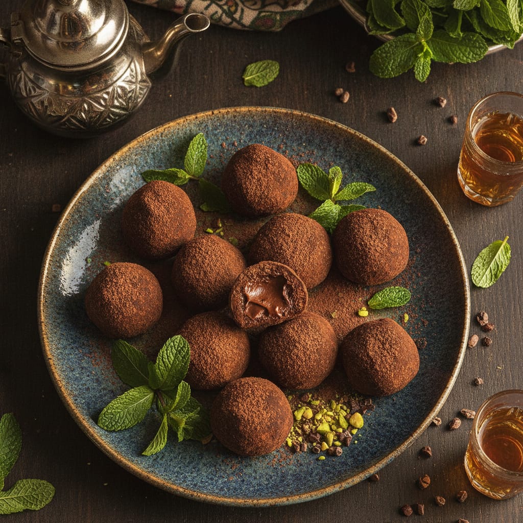 Dark chocolate truffles infused with Moroccan mint tea, dusted with cocoa powder