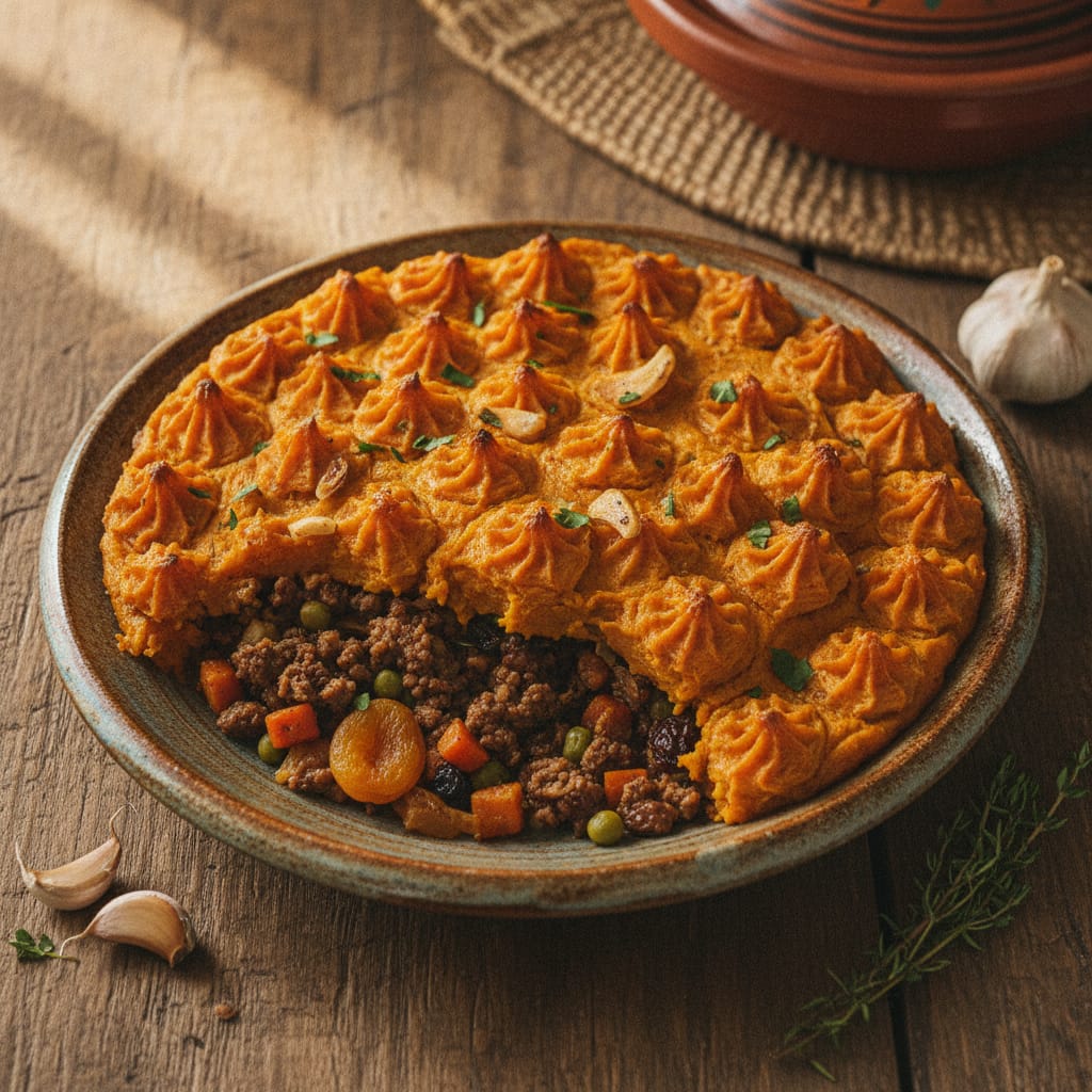 Moroccan Shepherd's Pie with Roasted Garlic Sweet Potato Mash — Moroccan Plate recipe photo