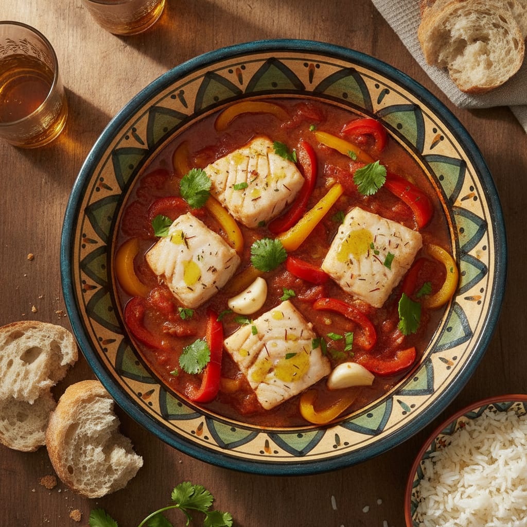 Moroccan spiced fish fillets simmered with bell peppers in tomato sauce