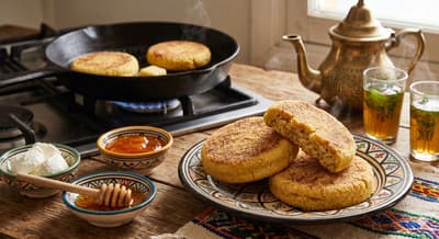 Golden Moroccan harcha semolina pan bread rounds