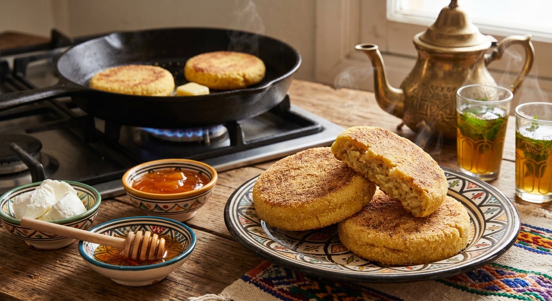 Golden Moroccan harcha semolina pan bread rounds