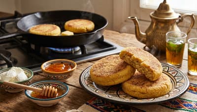 Golden Moroccan harcha semolina pan bread rounds