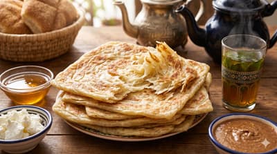 Stack of golden Moroccan msemen flatbread squares