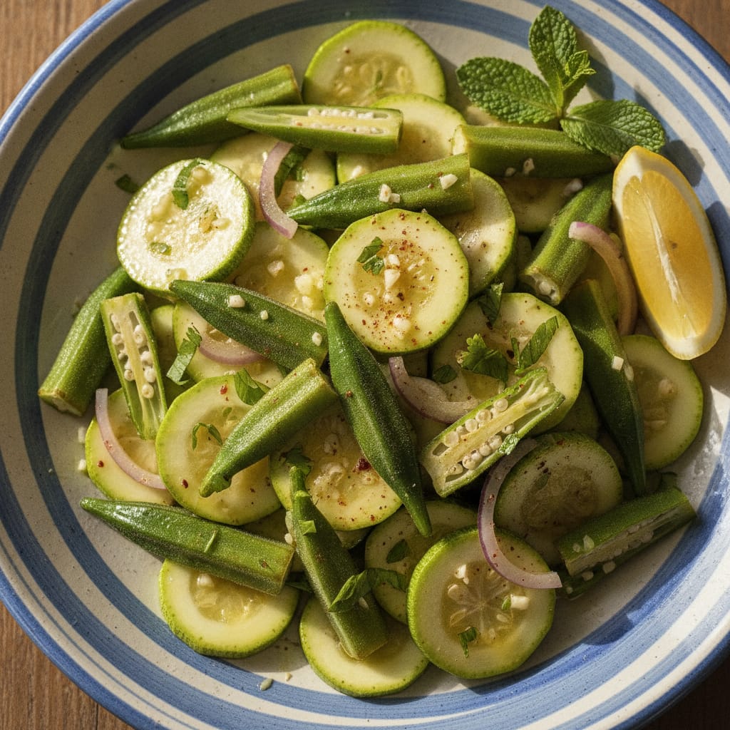 Okra & Zucchini Salad - Mloukhia — Moroccan Plate recipe photo