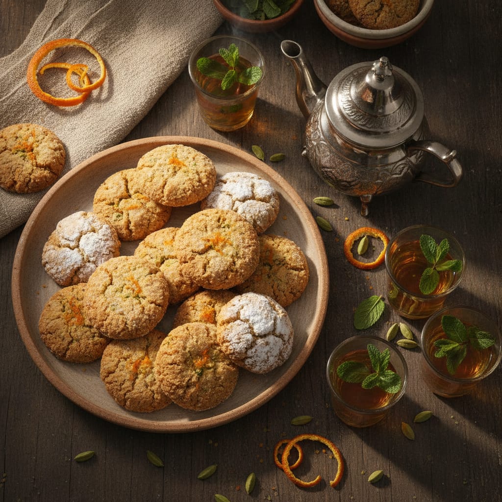 A plate of cracked-top orange and cardamom ghriba cookies