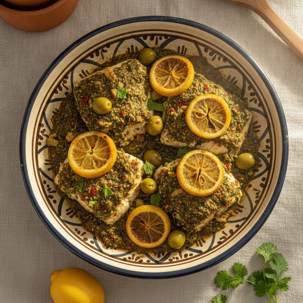 Oven-Baked Chermoula Fish Tagine with Preserved Lemon — Moroccan Plate recipe photo