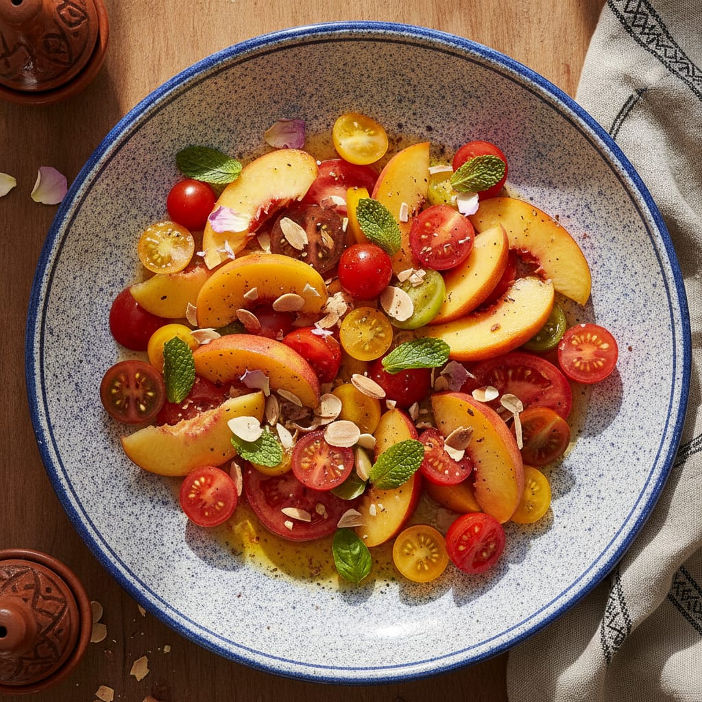 A platter of sliced peaches and tomatoes with mint, crumbled cheese, and almonds