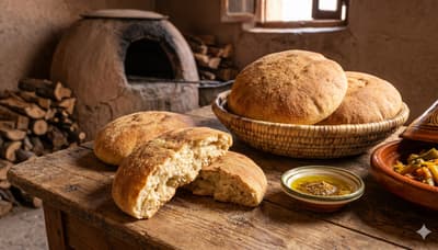 Round Moroccan khobz bread with rustic crust