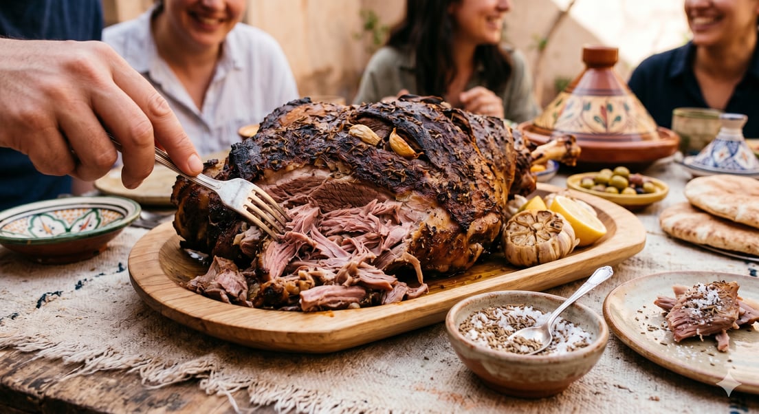 Roasted lamb shoulder with herbs on a serving board