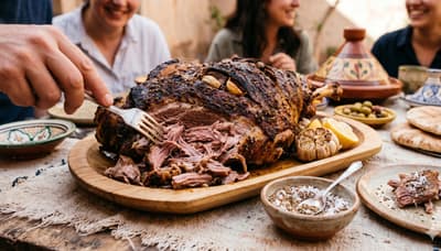 Roasted lamb shoulder with herbs on a serving board