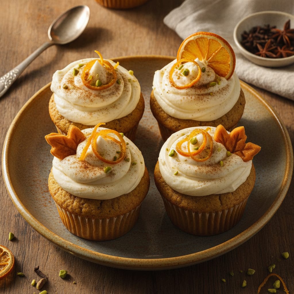 Pumpkin Spice Cupcakes With Orange Blossom Cream Cheese Frosting — Moroccan Plate recipe photo