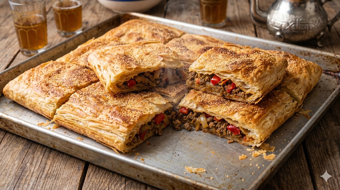 Golden baked rghaif stuffed pastry squares