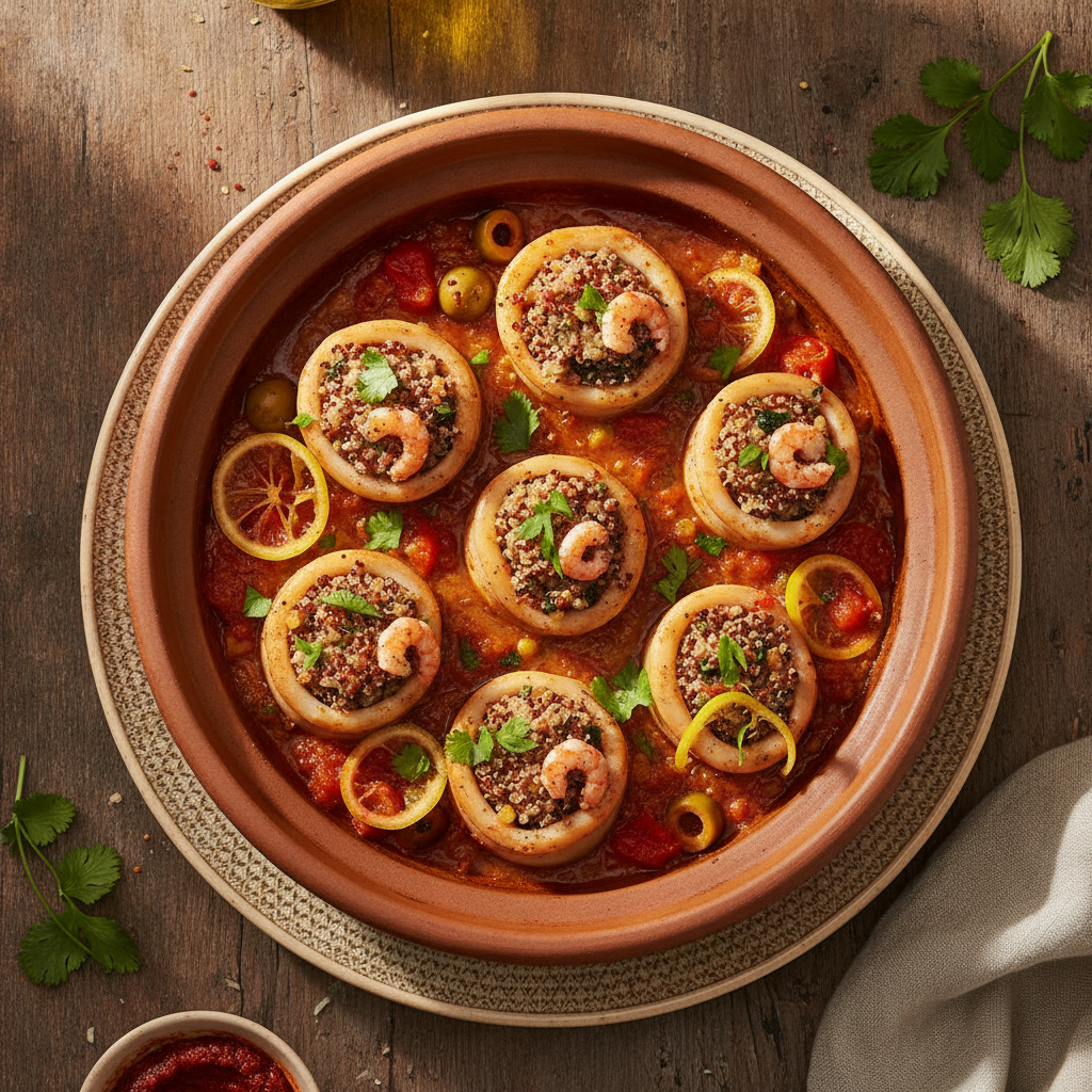 Quinoa and Shrimp Stuffed Squid Tagine — Moroccan Plate recipe photo