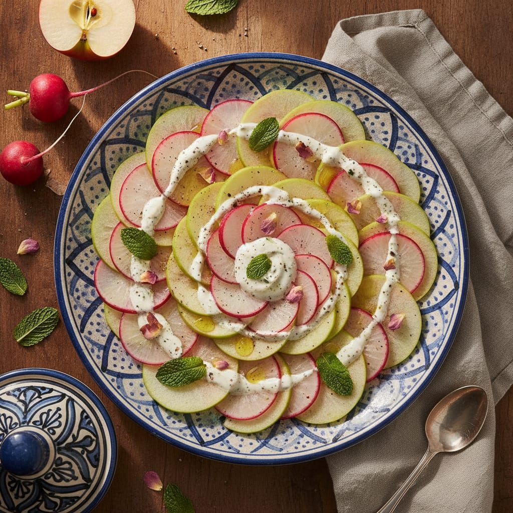Radish & Apple Salad with Rose Water-Anchovy Yogurt Dressing — Moroccan Plate recipe photo
