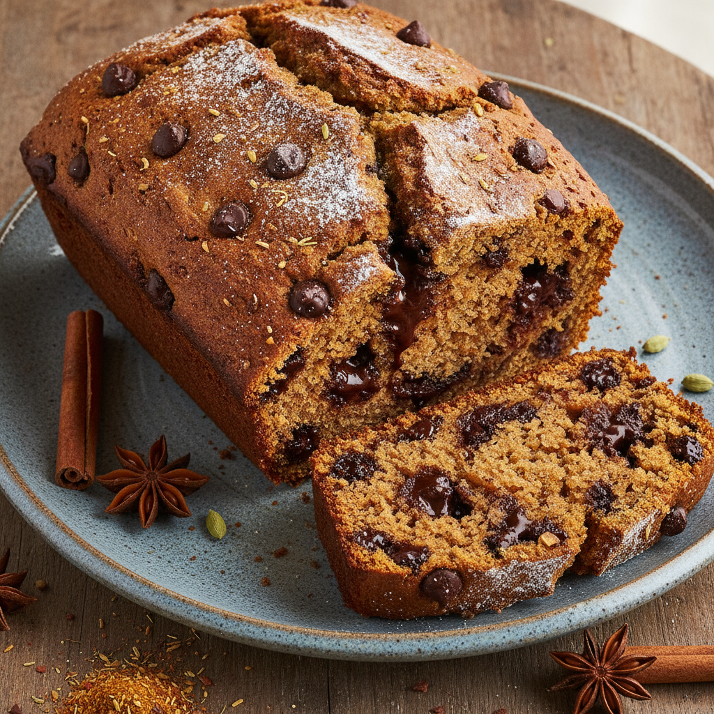 A sliced loaf of ras el hanout chocolate chunk pumpkin bread