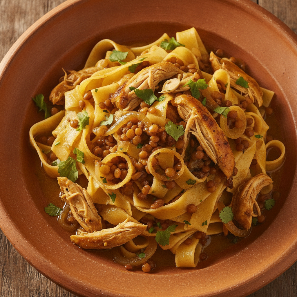 A platter of Moroccan rfissa chicken and lentils served over pappardelle pasta