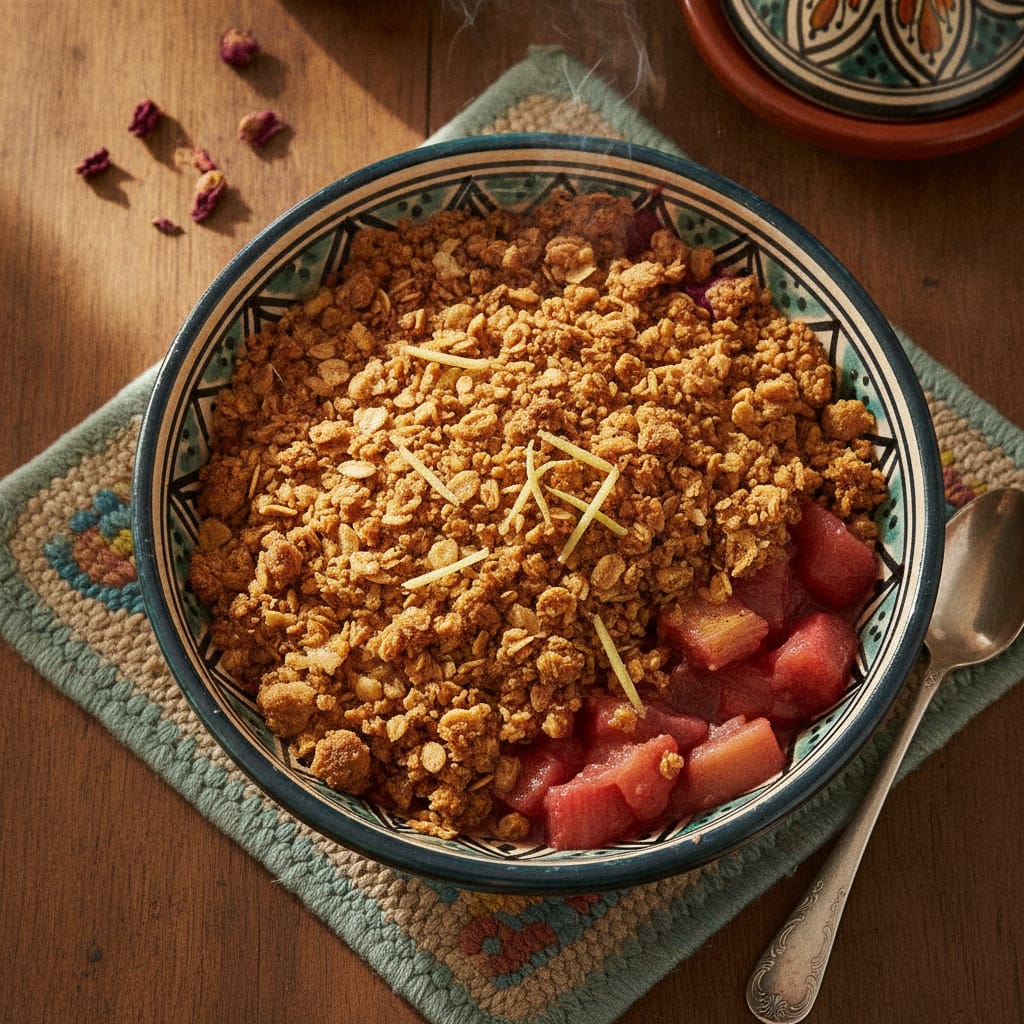 A baked rhubarb, ginger and rose crumble with a golden oat topping