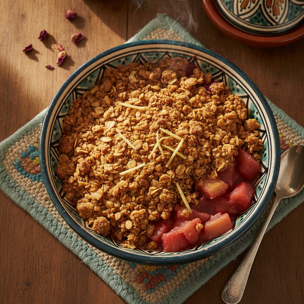 A baked rhubarb, ginger and rose crumble with a golden oat topping