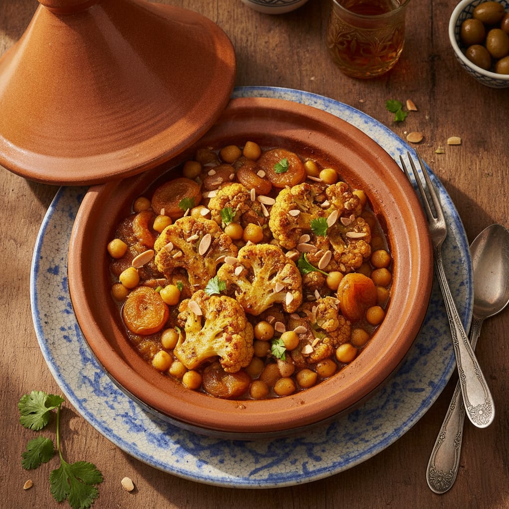 Roasted Cauliflower, Apricot & Chickpea Tagine (Vegan) — Moroccan Plate recipe photo