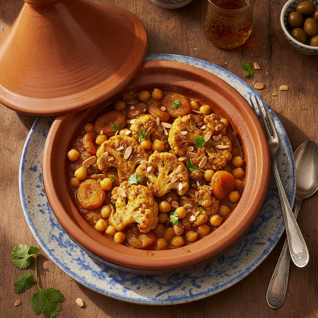 Roasted Cauliflower, Apricot & Chickpea Tagine (Vegan) — Moroccan Plate recipe photo