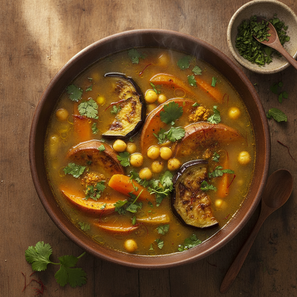 Saffron Chorba with Roasted Eggplant & Sweet Potato (Vegan) — Moroccan Plate recipe photo