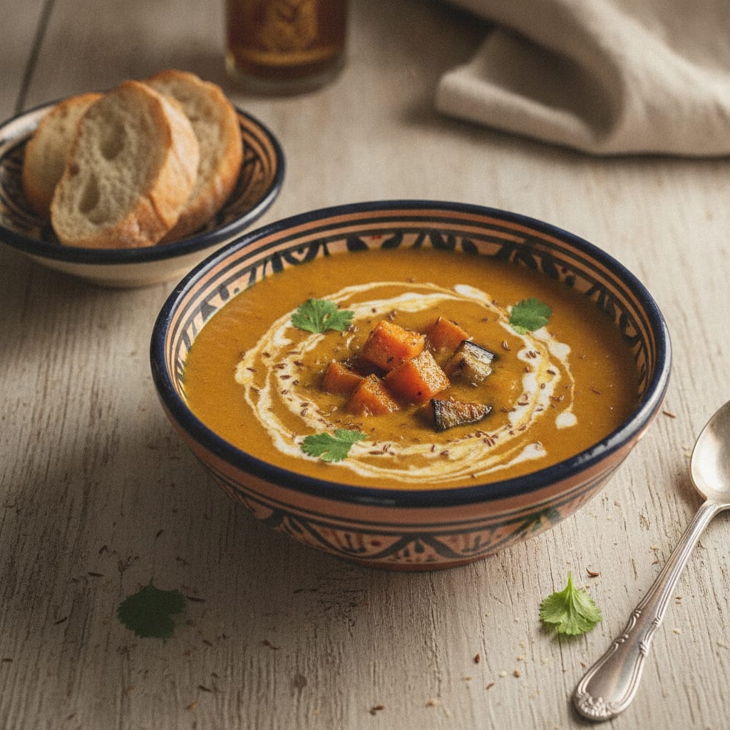 A bowl of smooth saffron chorba soup made with roasted eggplant and sweet potato