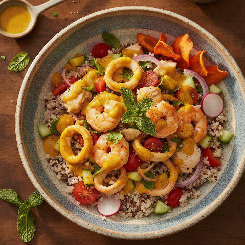 Seafood & Quinoa Bowl with Turmeric-Mint Dressing — Moroccan Plate recipe photo