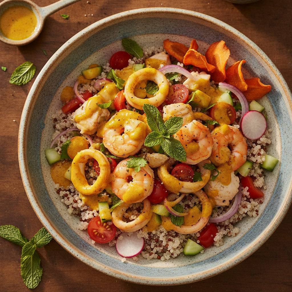 Seafood & Quinoa Bowl with Turmeric-Mint Dressing — Moroccan Plate recipe photo