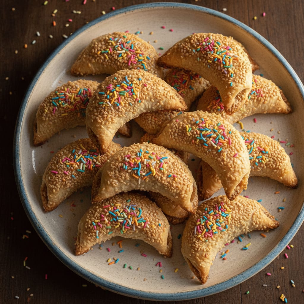 Sesame-coated gazelle horn cookies topped with colorful rainbow sprinkles