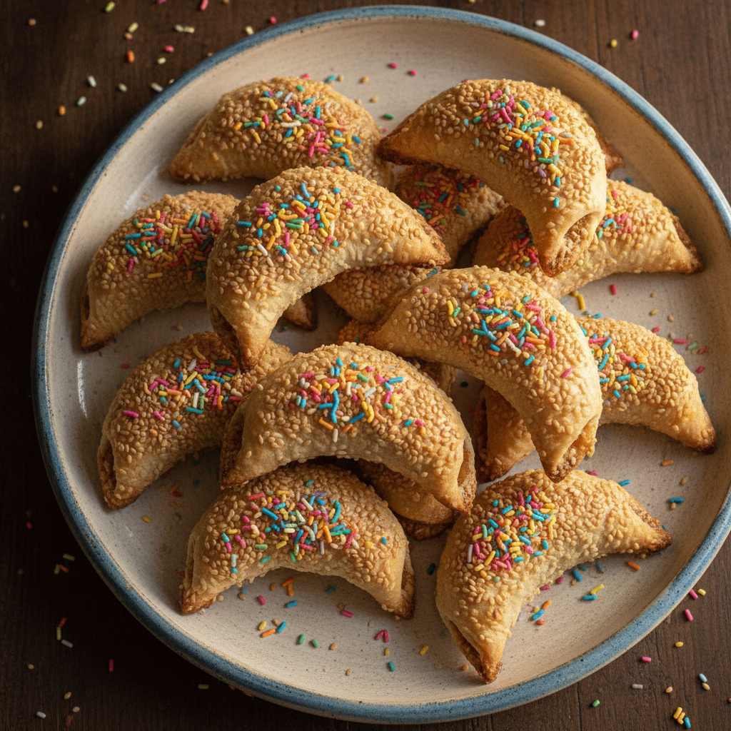 Sesame-coated gazelle horn cookies topped with colorful rainbow sprinkles