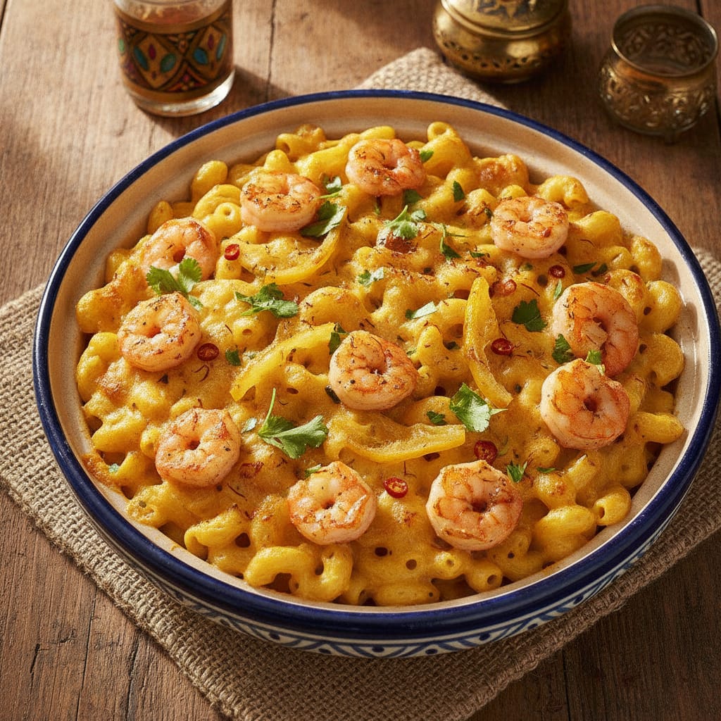 A baked dish of creamy shrimp mac and cheese with preserved lemon and saffron