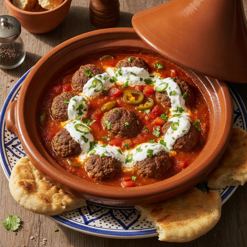 Kefta meatball tagine in tomato sauce drizzled with jalapeño herb yogurt