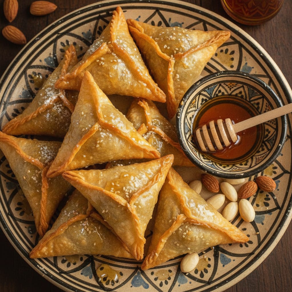 Crispy golden Moroccan almond briouat triangles dipped in honey and sprinkled with sesame seeds