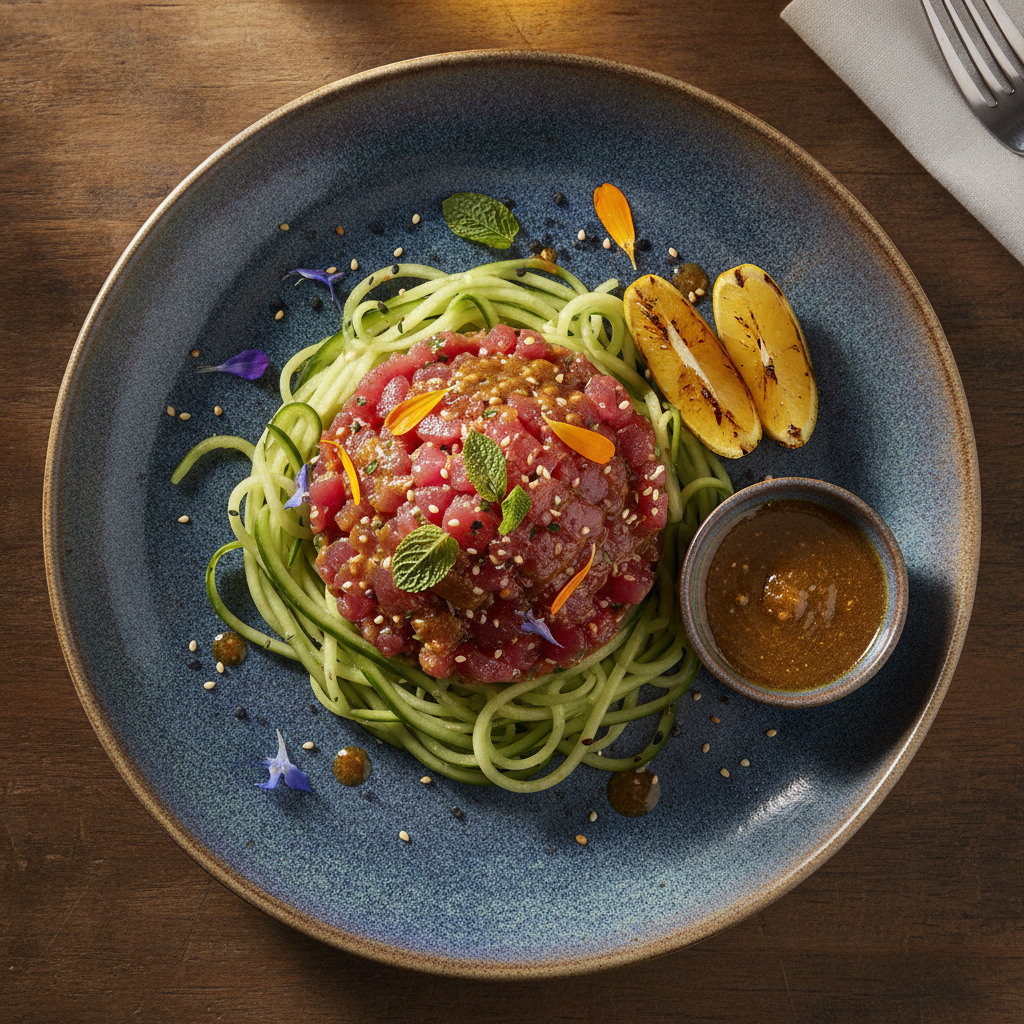 Sweet Chermoula Tuna Tartare with Cucumber Noodles — Moroccan Plate recipe photo