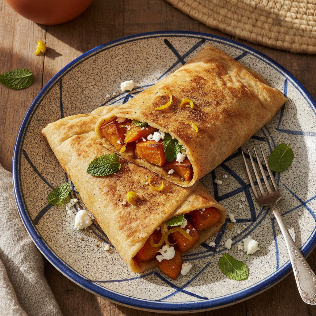 Flaky Moroccan msemen wrap stuffed with ras el hanout roasted sweet potato and feta