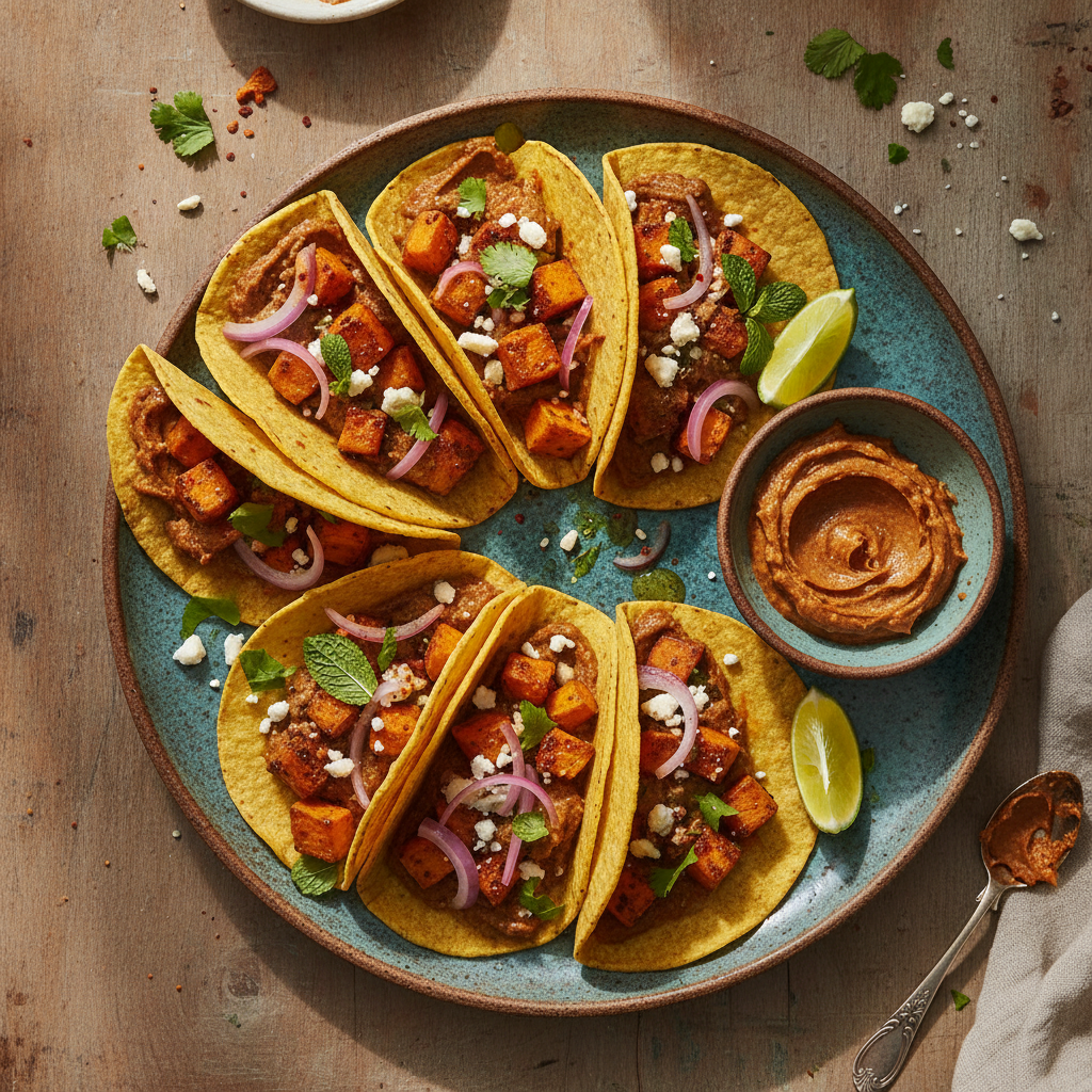 Sweet Potato & Harissa Cashew Butter Tacos — Moroccan Plate recipe photo