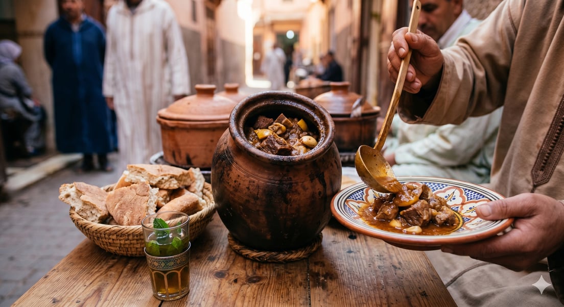 Tender slow-cooked meat with preserved lemon and rich sauce, served with Moroccan bread